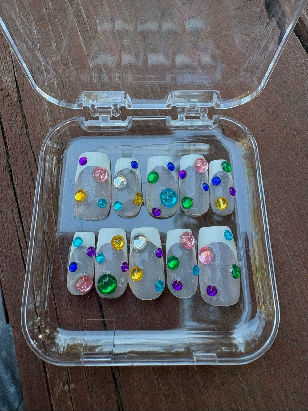 Multicolor Rhinestone Press-On Nail Set - French Tip